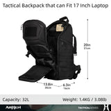 AMHEH 32L Military Tactical Backpack – Rugged MOLLE Carry-On Assault Pack with 17” Laptop Compartment – Black