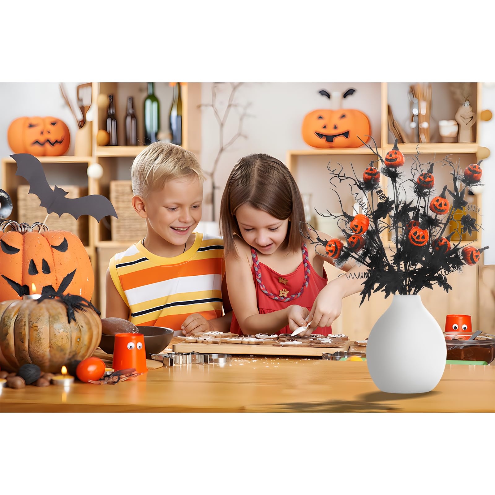 Artificial Pumpkin & Maple Leaf Stems – 5-Piece Halloween Floral Decoration Set (Black/Orange, 19.5”)