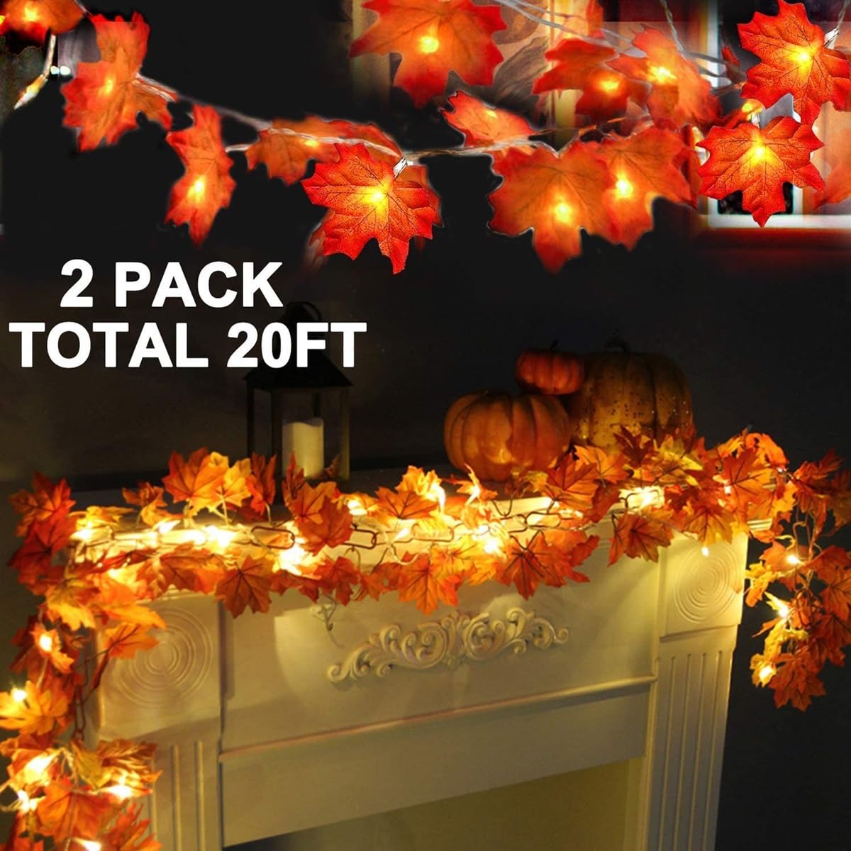 Fall Maple Leaf String Lights – 2 Pack 20FT (40 LED) Battery Operated Garland for Halloween & Thanksgiving Decor (Orange/Yellow, Waterproof)