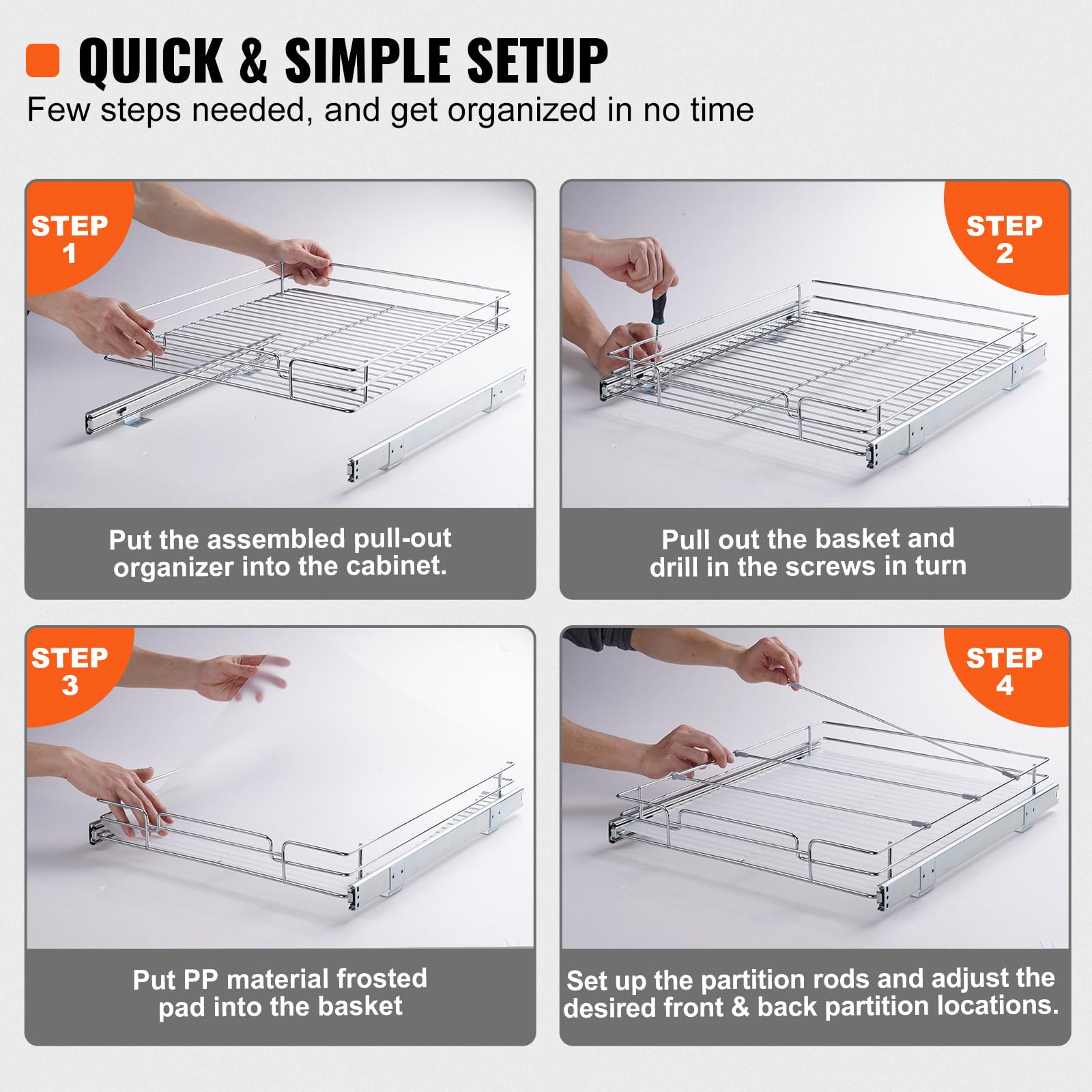 Heavy-Duty Pull-Out Cabinet Organizer – Chrome-Plated Steel Slide-Out Shelf for Kitchen & Under-Sink Storage (18.5” W x 21” D)
