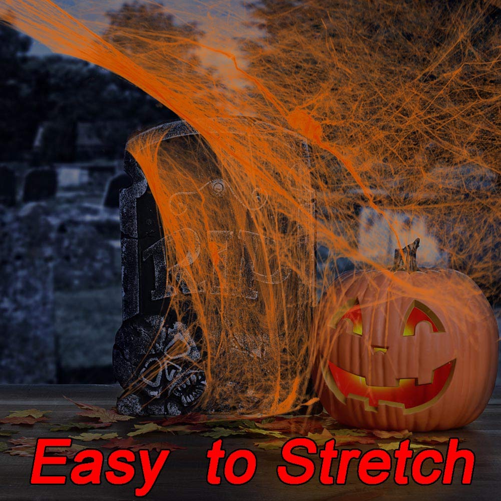 Halloween Orange Spider Web with Glow-in-the-Dark Effect – 250g Web + 37 Spiders + 2 Black Lights