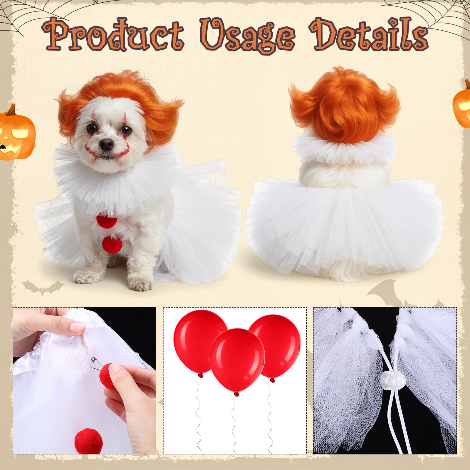 Dog Clown Halloween Costume – Red & White Pet Outfit with Neck Ruff, Skirt, Pompons, Balloons & Adjustable Straps