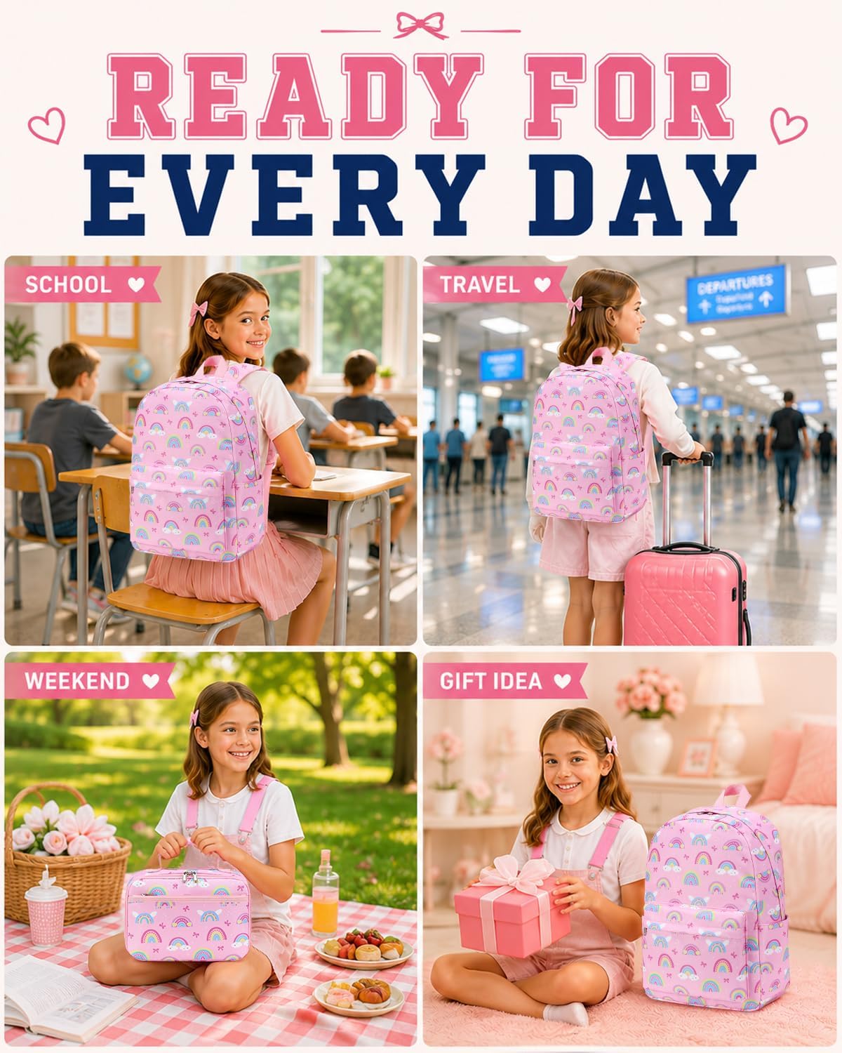 Pink Rainbow School Backpack Set with Matching Lunch Bag