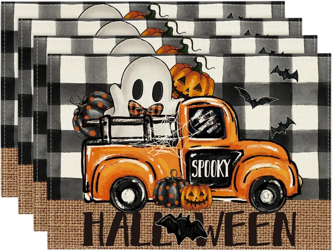 Artoid Mode Halloween Placemats Set of 4 – Black & Beige Polyester Table Mats for Dining & Party Decor