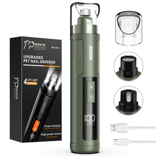 IREDOON Professional Dog Nail Grinder with LED Display & Quiet Motor – Rechargeable Pet Nail Trimmer with Adjustable Speeds (Matte Green)