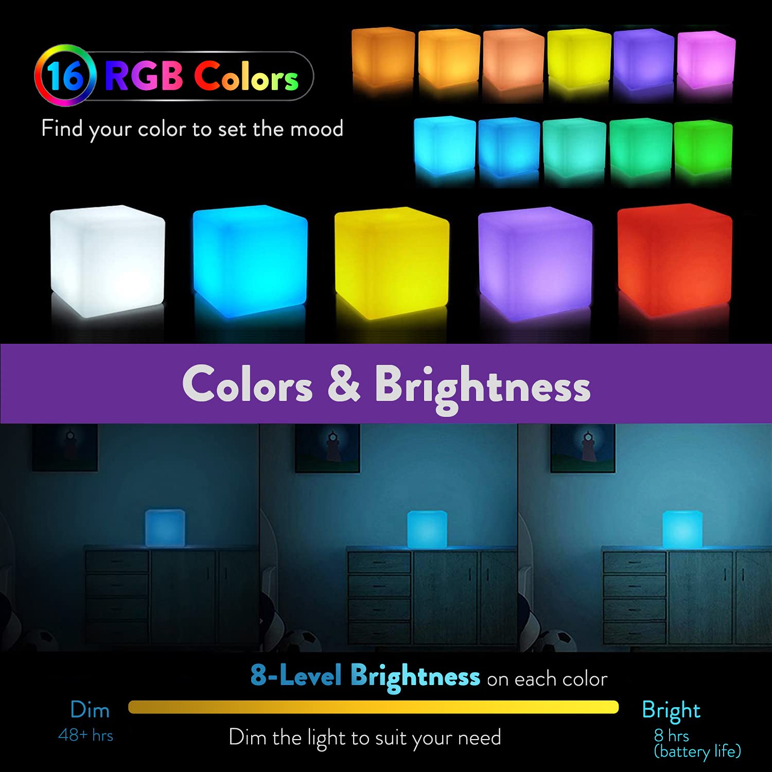 4” Rechargeable RGB LED Cube Night Light – Child-Friendly Waterproof Color Changing Mood Lamp