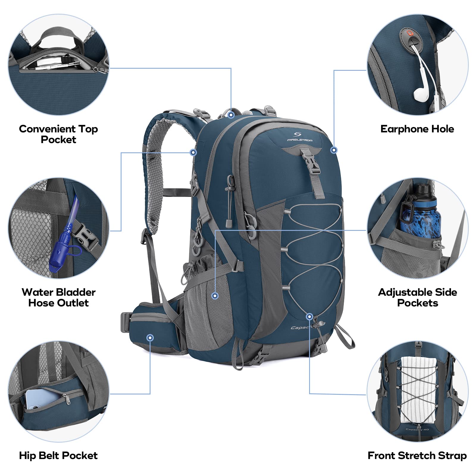 Maelstrom 40L Lightweight Waterproof Hiking Backpack with Rain Cover – Multi-Compartment Outdoor Daypack – Blue