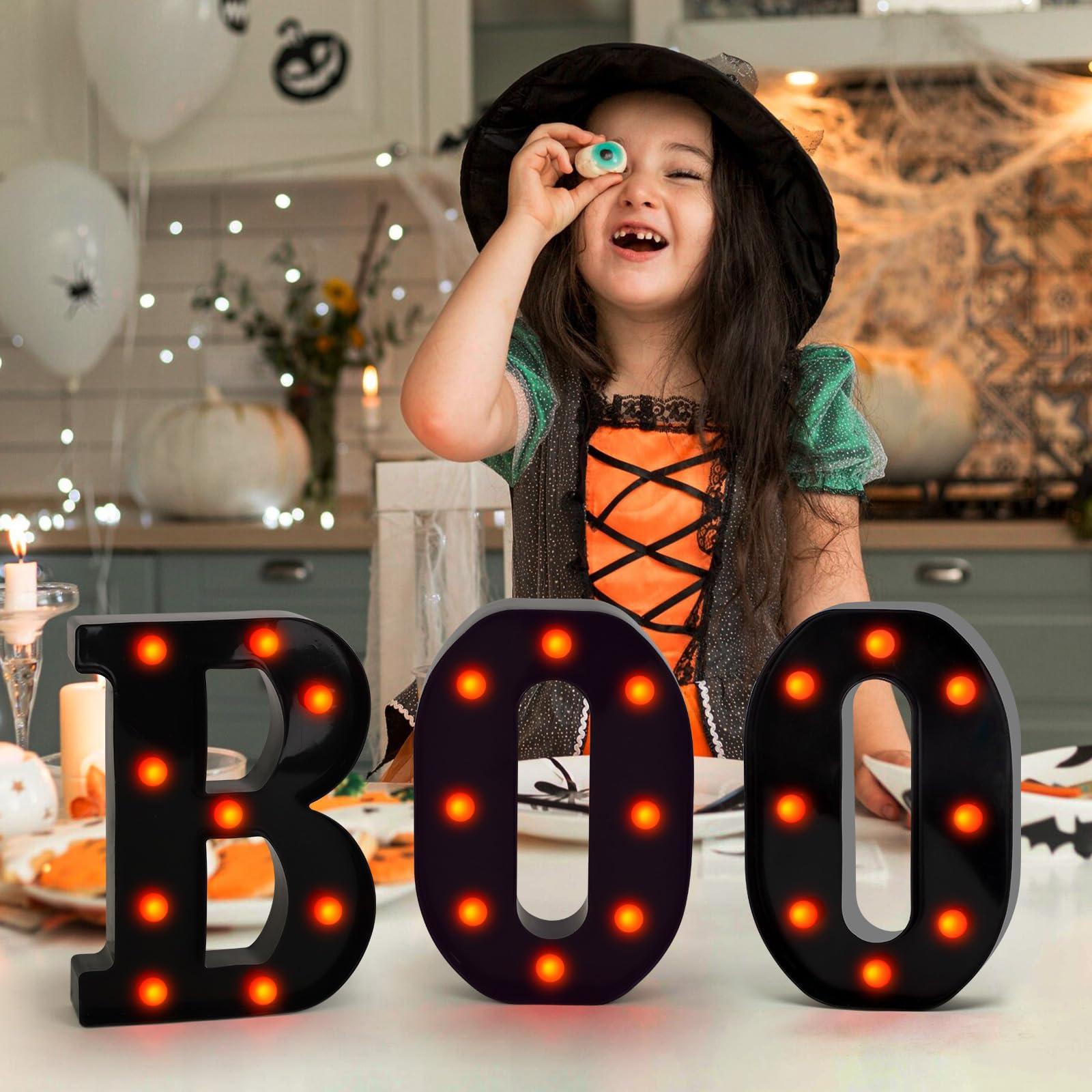 Light-Up “BOO” Marquee Letters – Orange LED Halloween Sign for Indoor Decor (Cordless, Timer, Flicker Mode)
