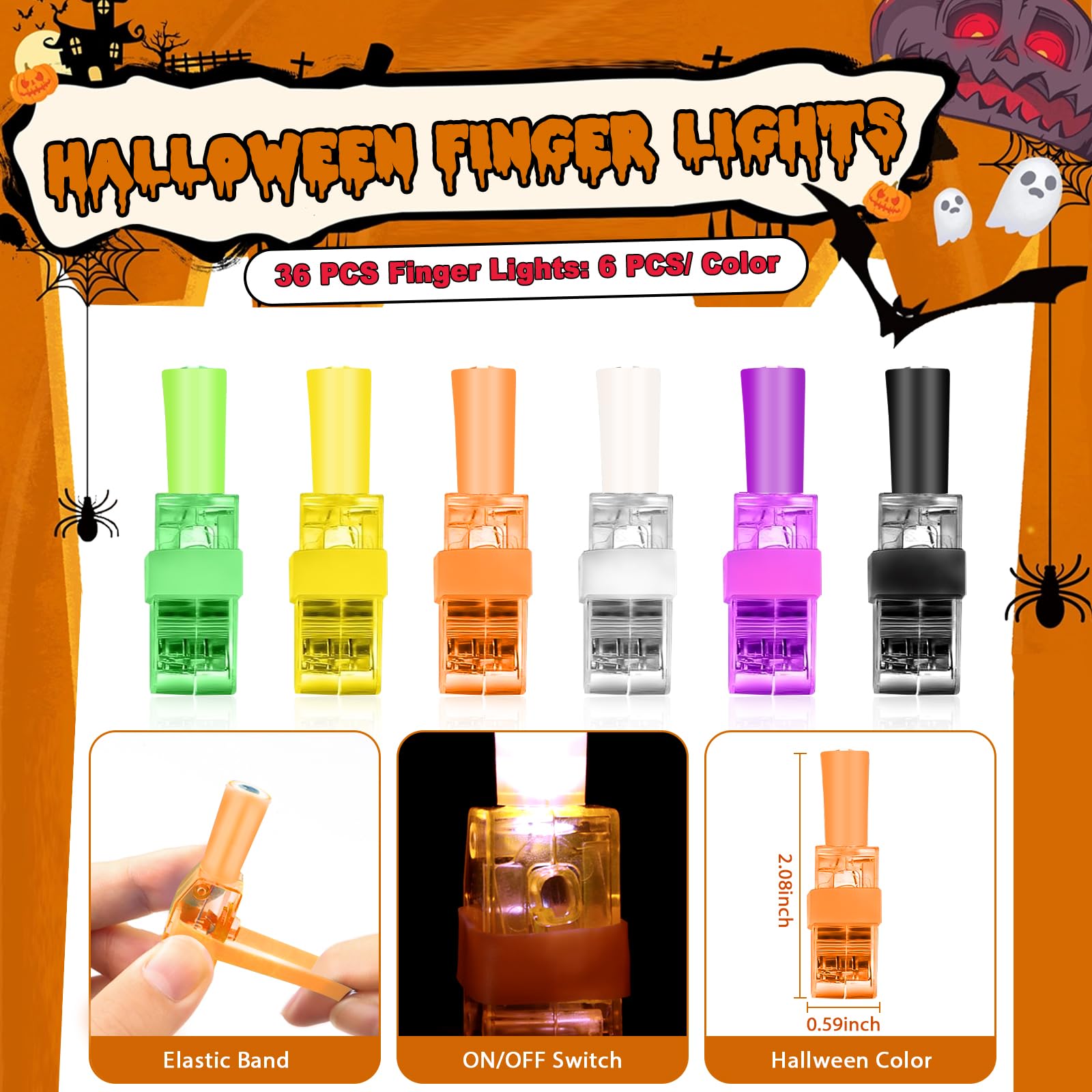 Halloween LED Finger Lights – 36 Pcs Glow-in-the-Dark Finger Projectors for Kids (6 Colors & Designs)