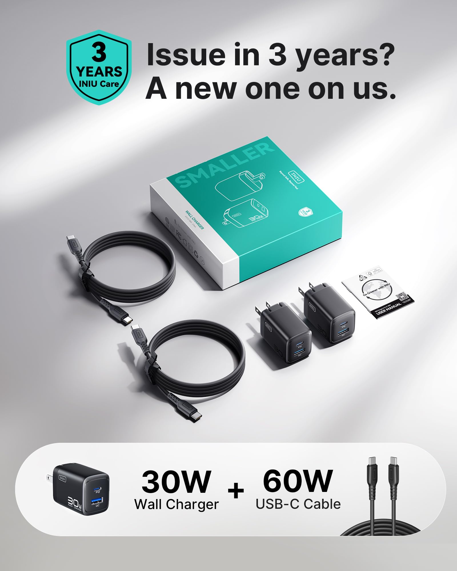 INIU 30W GaN Fast Charger – Dual Port USB-C Wall Charger with Fast Charging Cable