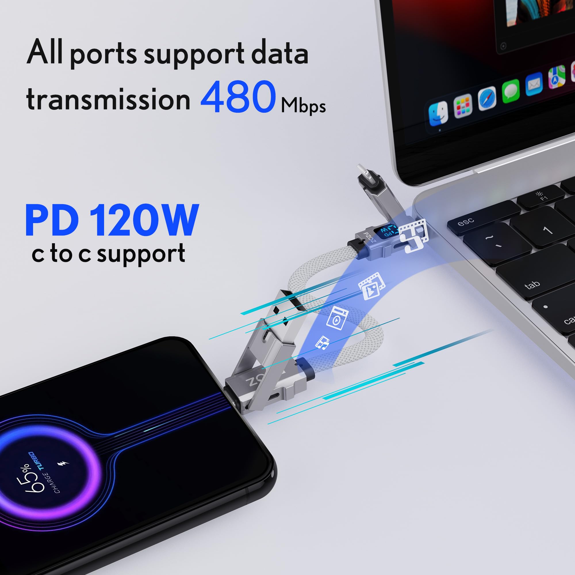 4-in-1 Keychain Fast Charging Cable – 140W USB-C, Lightning & USB-A Multi Charging Adapter