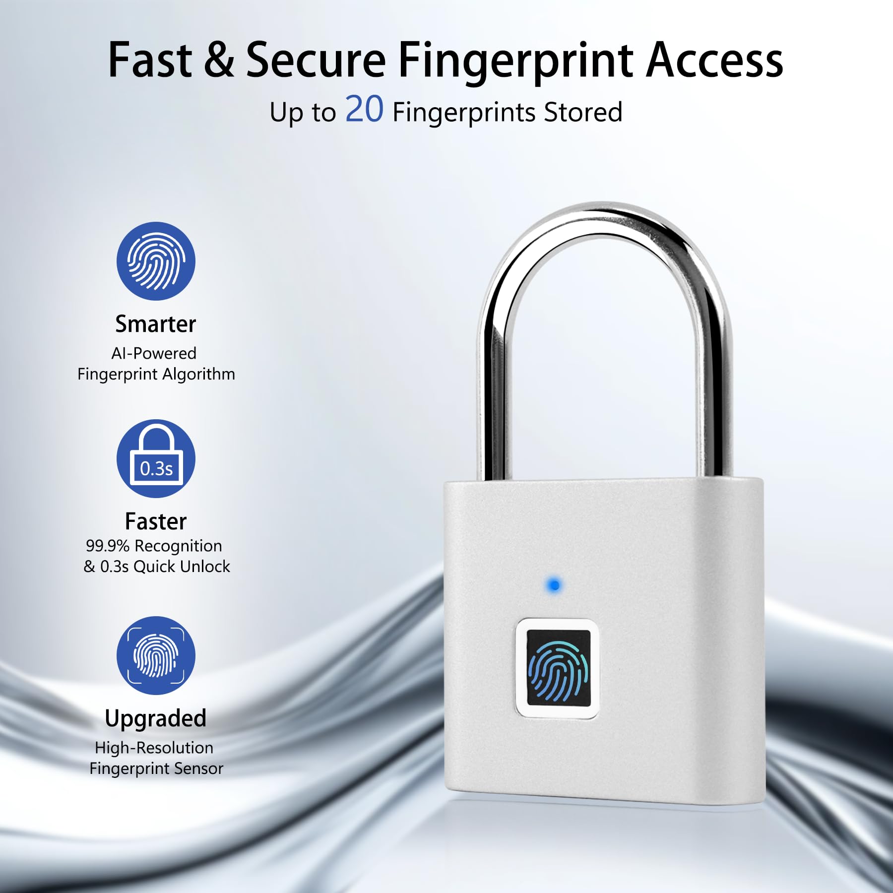 UMIKSMART Fingerprint Padlock with USB-C Rechargeable Battery, Biometric Keyless Lock for Gym Locker, Cabinets & Personal Storage