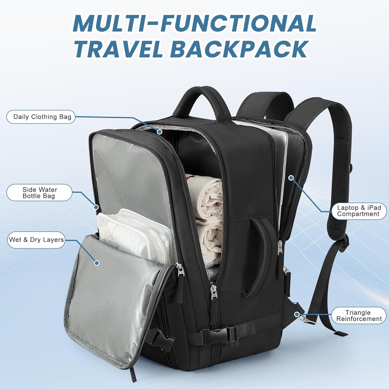 SINALIY Expandable 40L Carry-On Travel Backpack with Convertible Carry & 17” Laptop Sleeve – Black