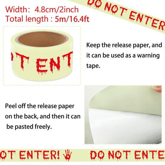 Glow in the Dark Halloween Caution Tape – 16.4ft “DO NOT ENTER” Adhesive Roll for Indoor & Outdoor Decor
