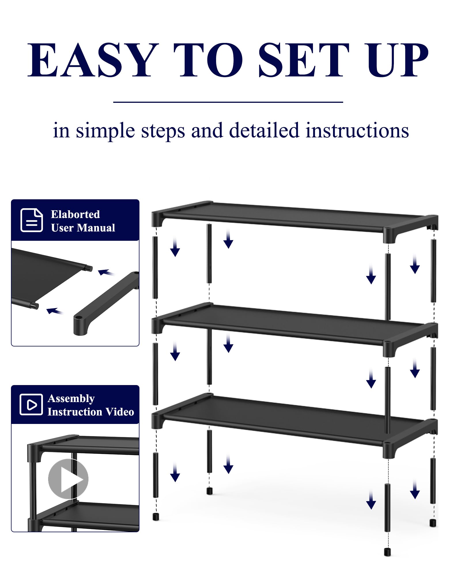 KITSURE 3-Tier Stackable Shoe Rack – Non-Woven Shelf Shoe Organizer for Closet, Entryway & Garage (27.5”, Black)
