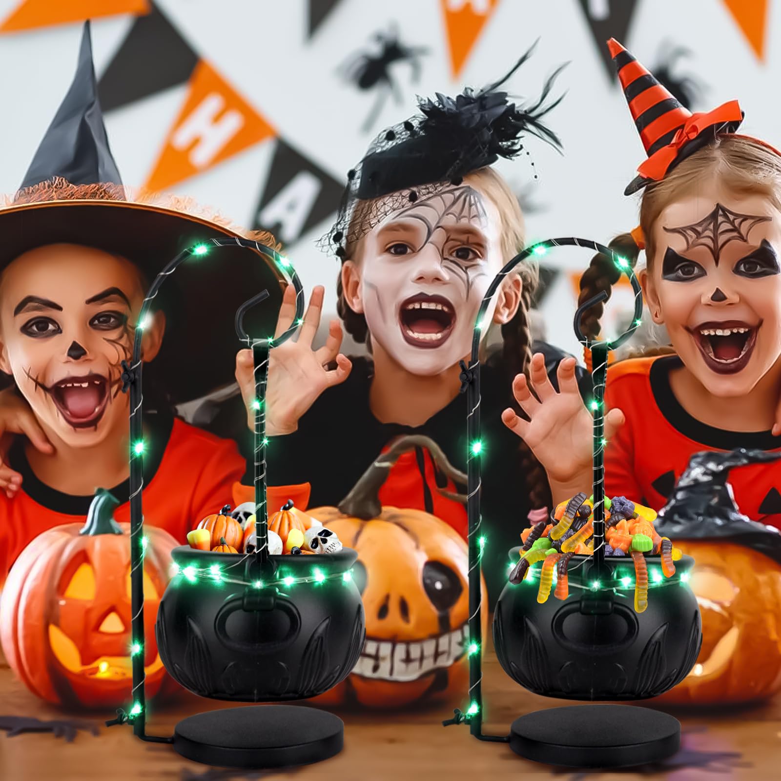 Witch Cauldron Candy Bowl with Light & Stand – 8” Black Halloween Pot Decoration