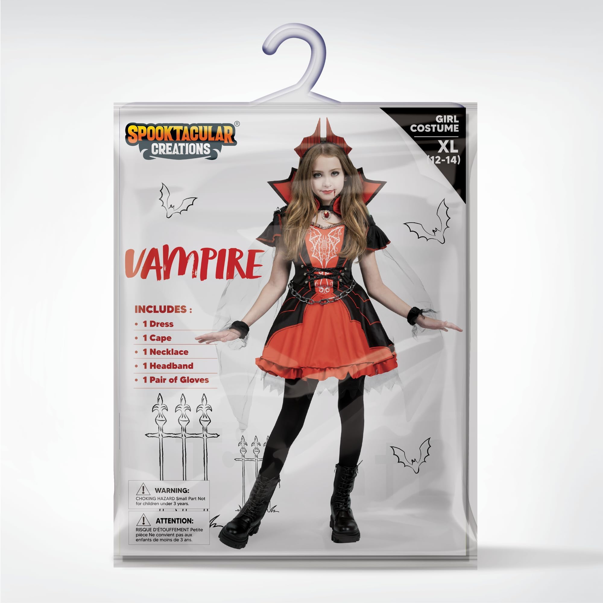Girls Red Vampire Queen Costume Set – Dress, Cape, Gloves, Necklace & Headband (Sizes 5–16)