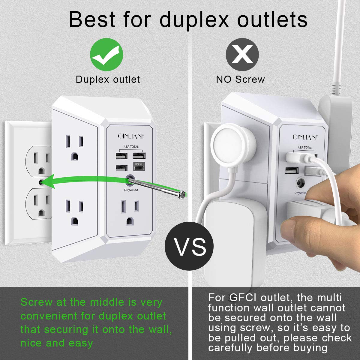 Wall Outlet Extender with 5 AC Outlets & 4 USB Ports – Surge Protector Power Strip with USB-C Fast Charging for Home & Office
