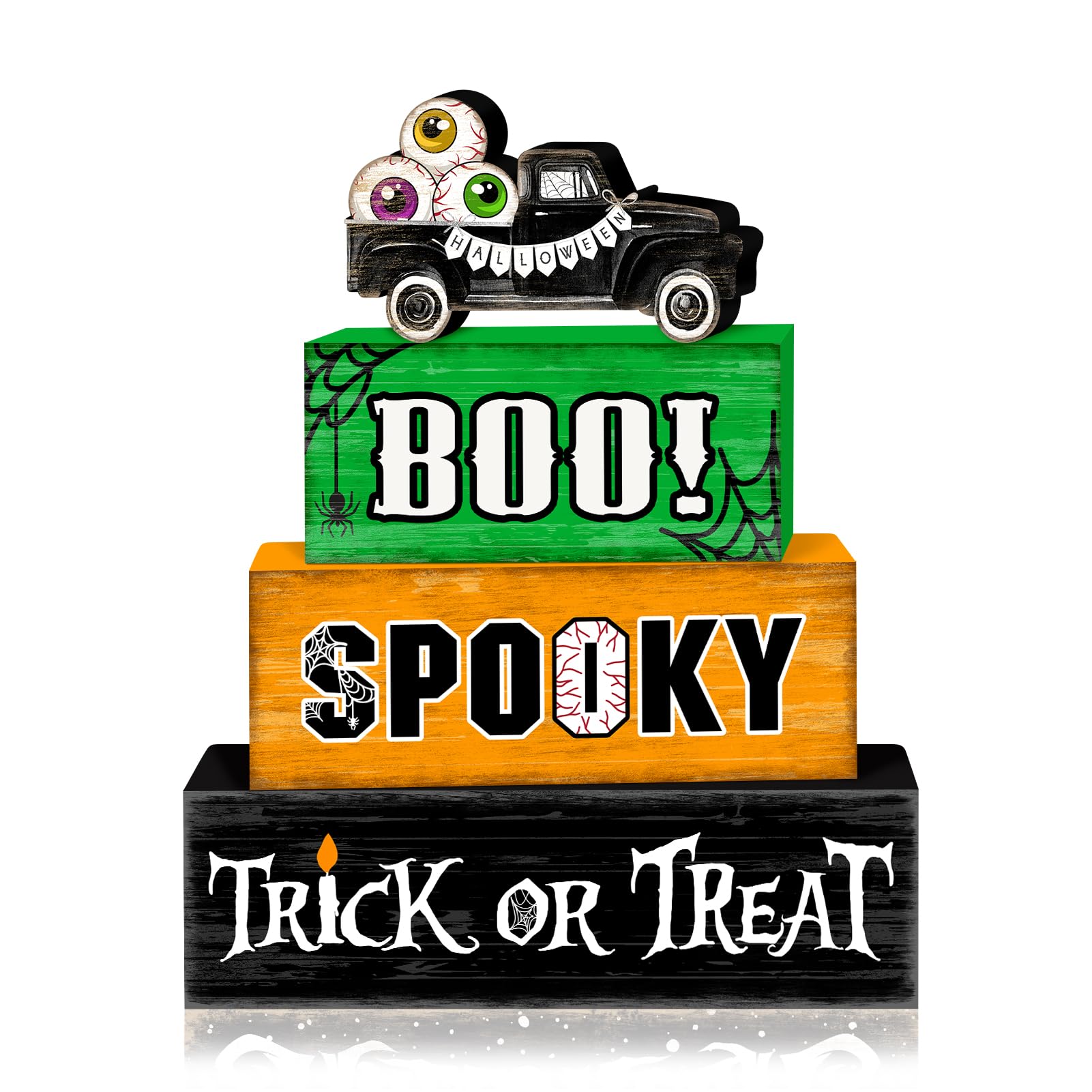 Eyeball Truck Halloween Wooden Tiered Tray Decor Set – Rustic “BOO” & “Trick or Treat” Blocks for Spooky Displays