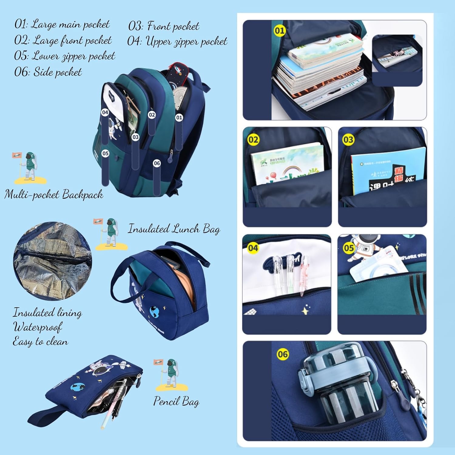 Astronaut School Backpack Set with Lunch Bag and Pencil Case