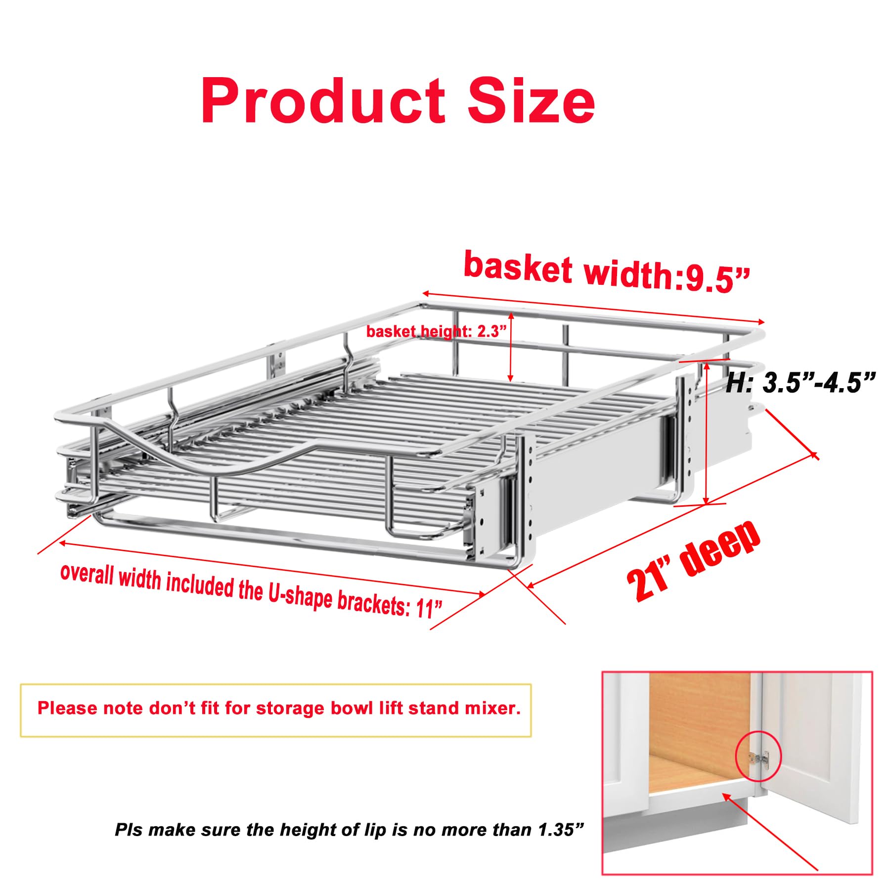 DINDON Narrow Chrome Pull-Out Cabinet Organizer – Single-Tier Heavy-Duty Slide-Out Wire Basket for Compact Cabinets