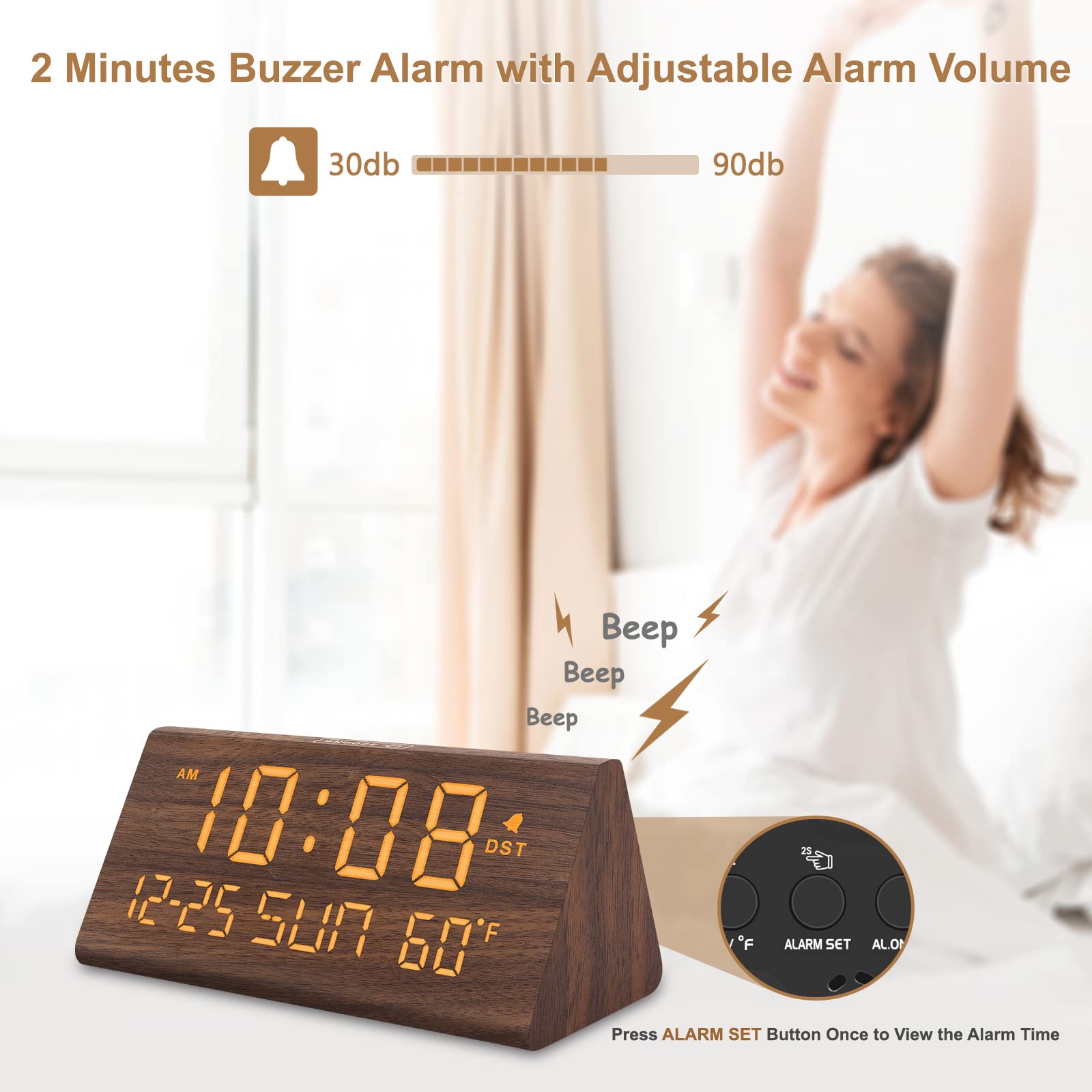 DreamSky Wooden Digital Alarm Clock with Large Display, Date & Temperature – USB Charging Bedside Desk Clock Brown