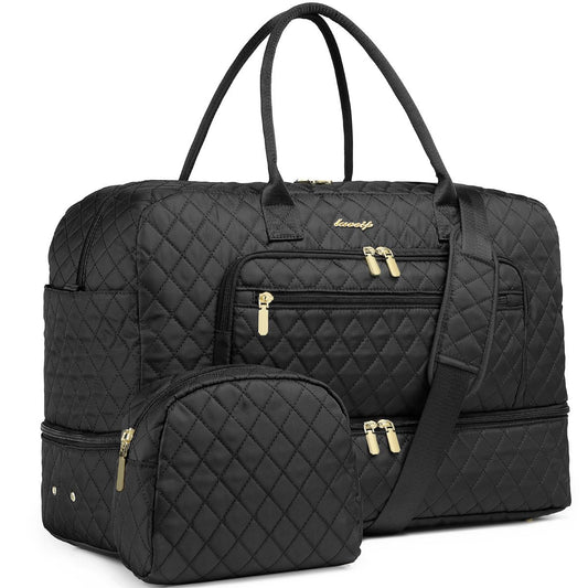 LUOCIP Large Women’s Travel Duffle Bag – Carry-On Weekender with Wet Pocket, Shoe Compartment & Toiletry Bag (Black)