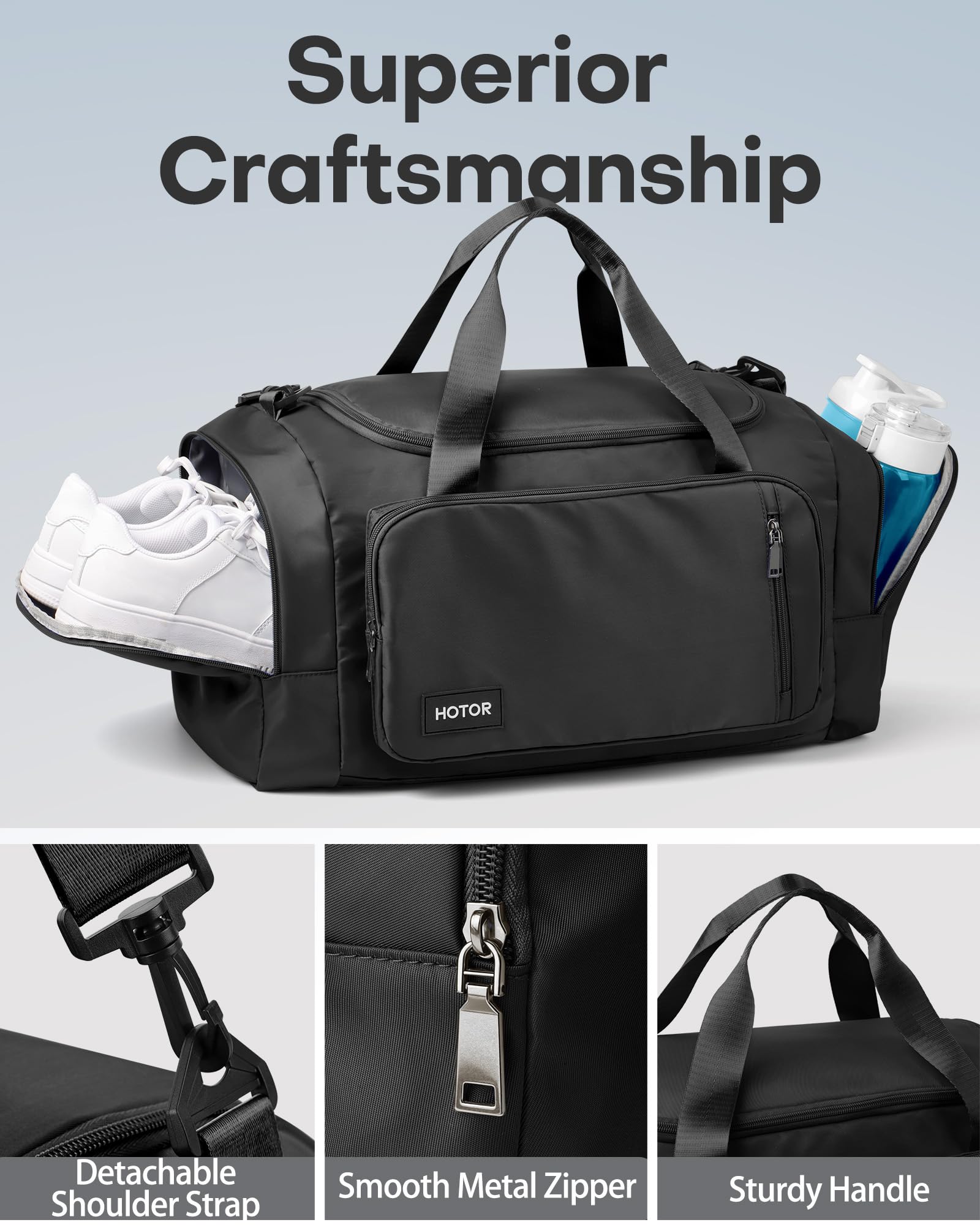 HOTOR Spacious Gym Duffle Bag – Carry-On Sports & Weekender Bag with Shoe Compartment and Wet Pocket (Black)