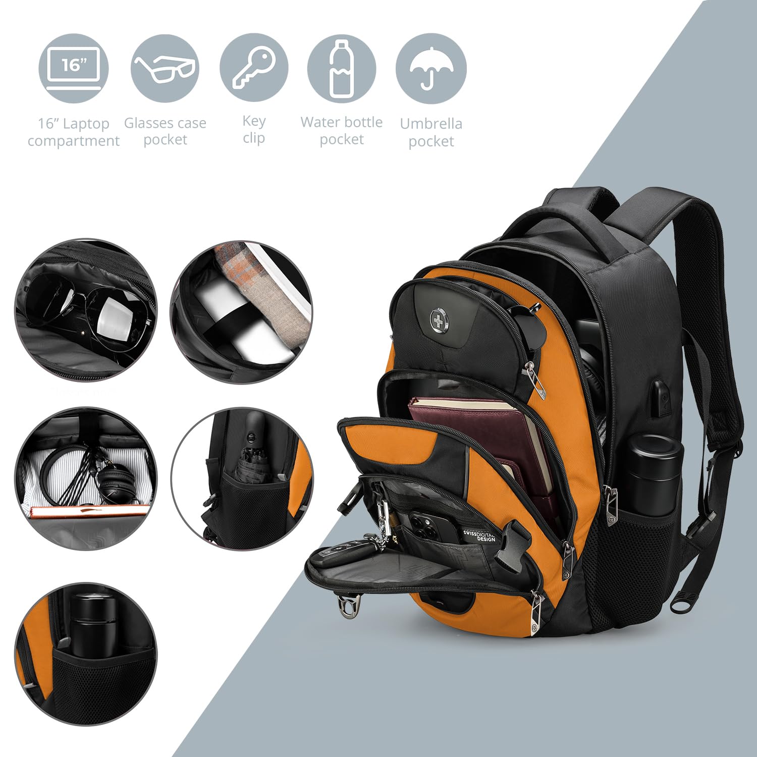 Swissdigital Design Laptop Backpack with USB-C Charging Port and RFID Protection, 31L Daily Travel Bag