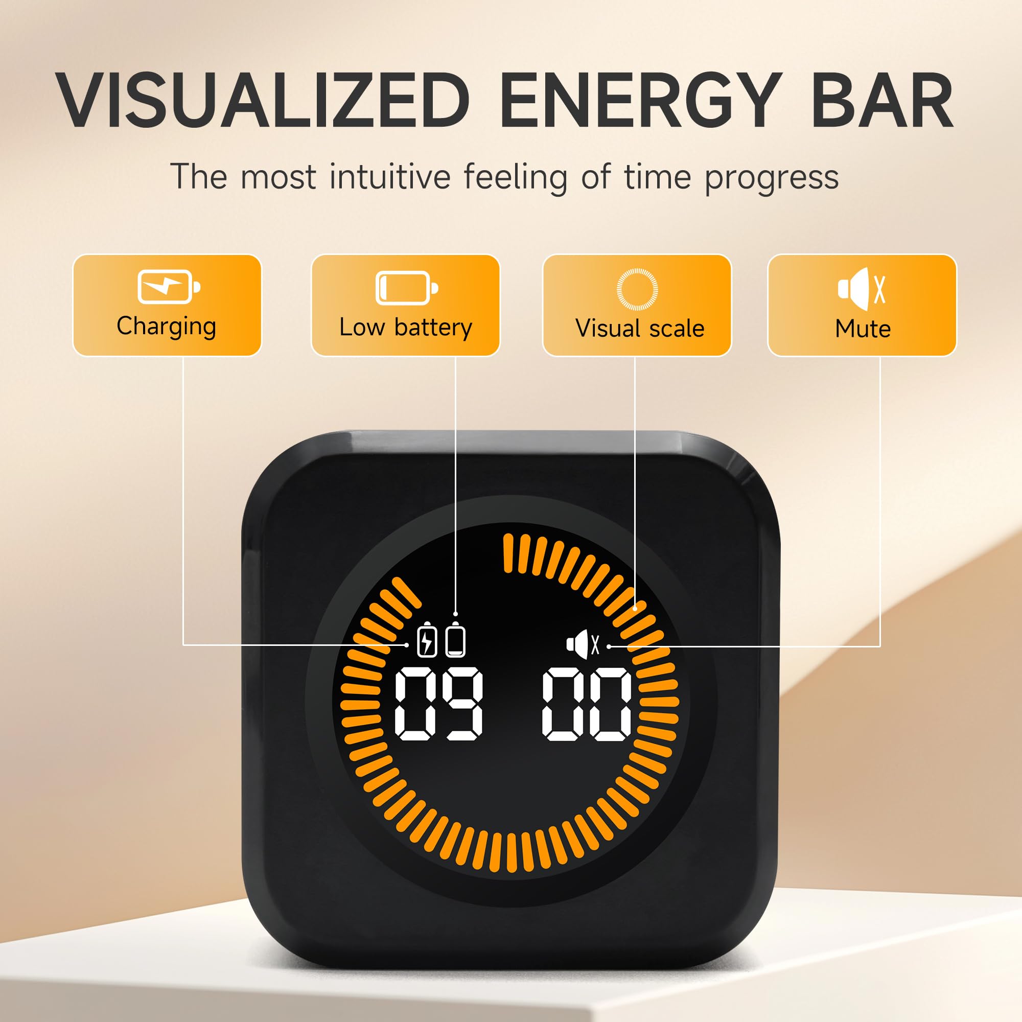 EXLLIY Rotating Focus Cube Timer with Custom Presets, Visual Energy Bar & Silent Mode – Black