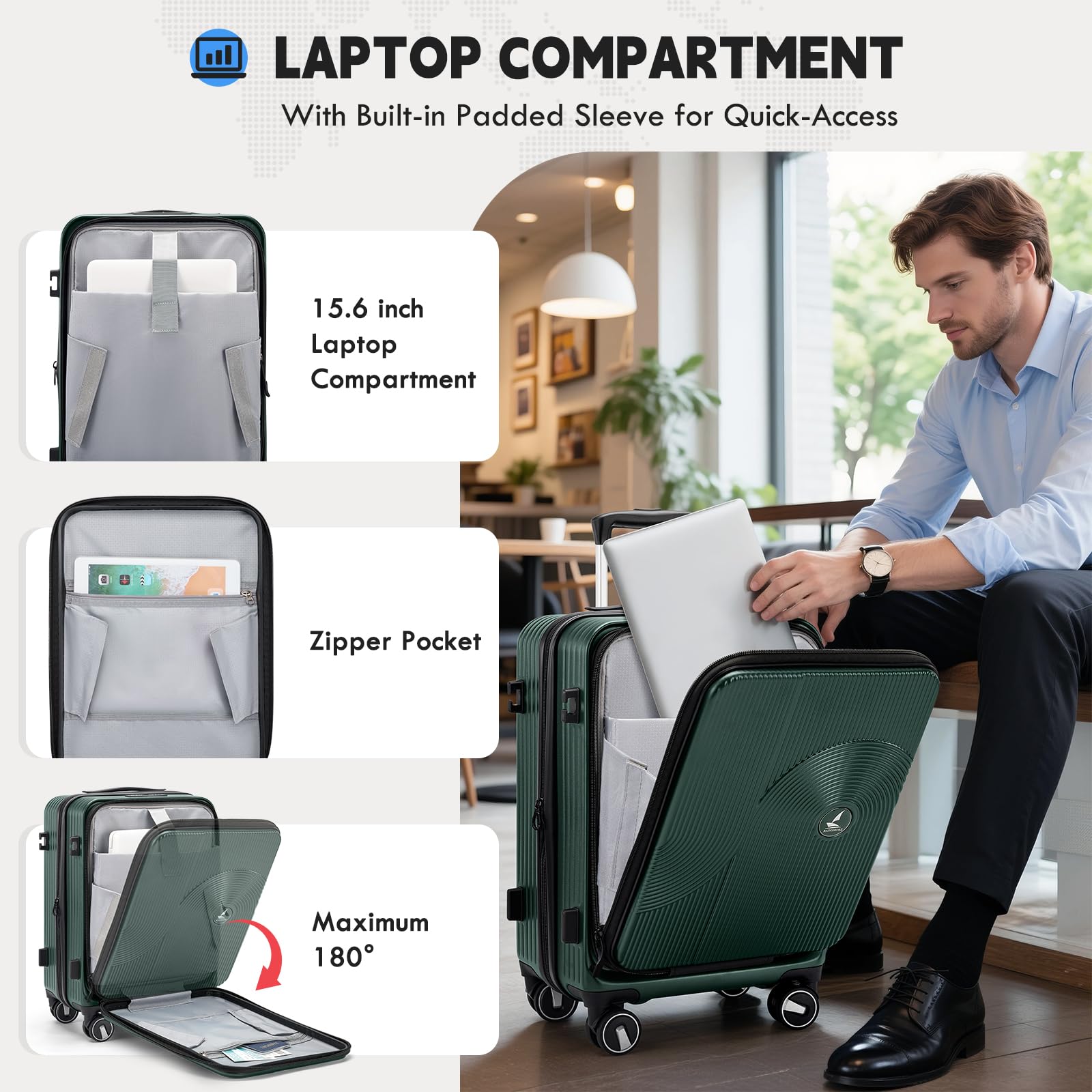 Rainsmore 20” Expandable Hardside Carry-On Luggage with Front Laptop Compartment, TSA Lock & Spinner Wheels (Green)