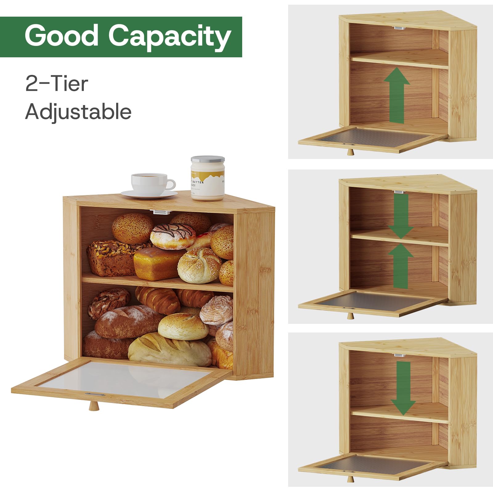 Large Corner Bamboo Bread Box with Adjustable Shelf & Wavy Acrylic Door for Kitchen Countertop