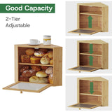 Large Corner Bamboo Bread Box with Adjustable Shelf & Wavy Acrylic Door for Kitchen Countertop