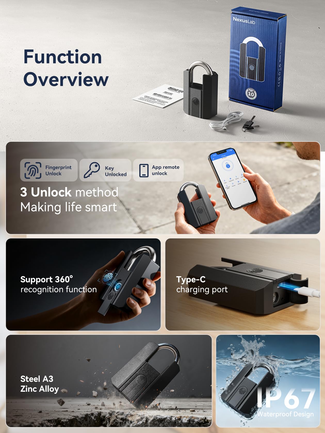 Heavy Duty Fingerprint Smart Padlock with TTLock App Control, IP67 Waterproof Biometric Lock with Type-C Rechargeable Battery