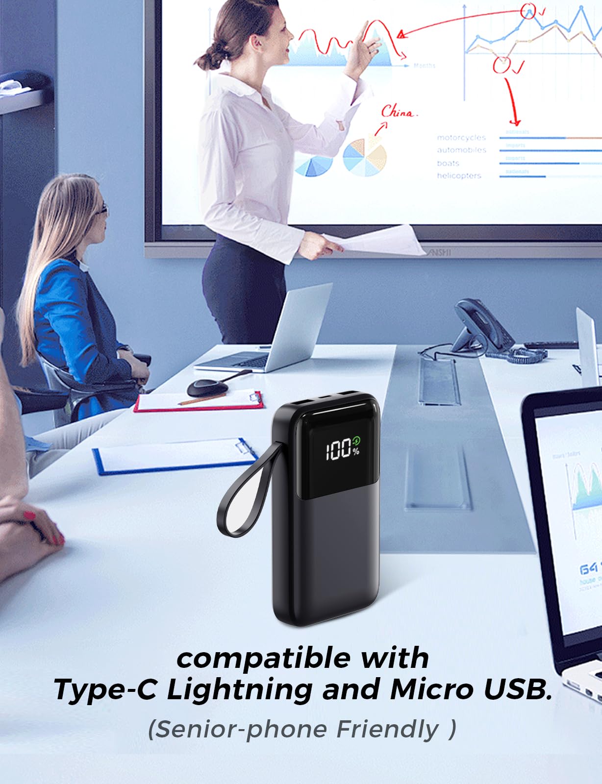 22.5W Fast Charging Power Bank with Built-in Cables – Portable Charger with LED Display for iPhone, Samsung, Tablets & Travel Devices (Black)