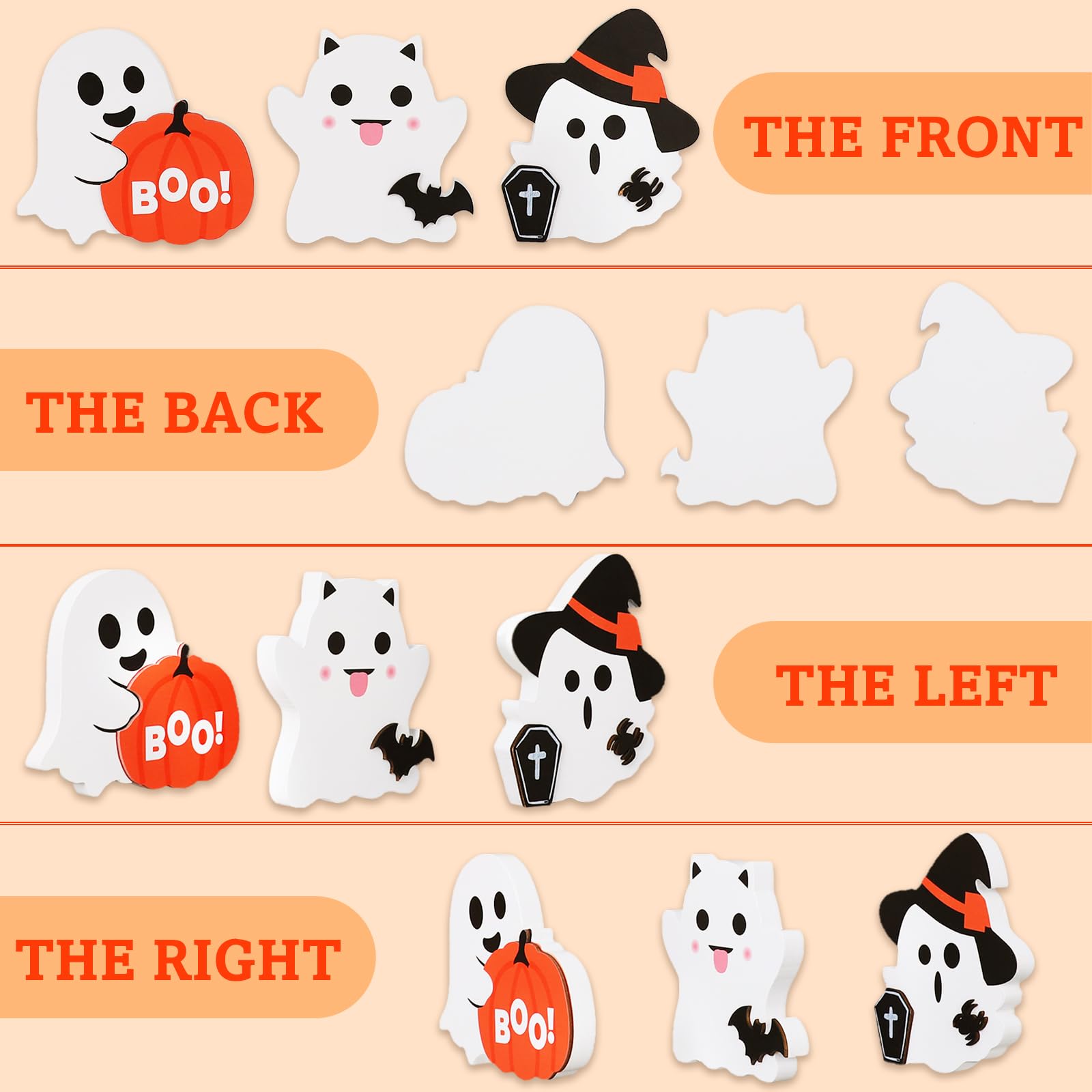 Cute Wooden Ghost Decor Set – 3-Piece Halloween Tabletop Decorations in Orange, Black & White