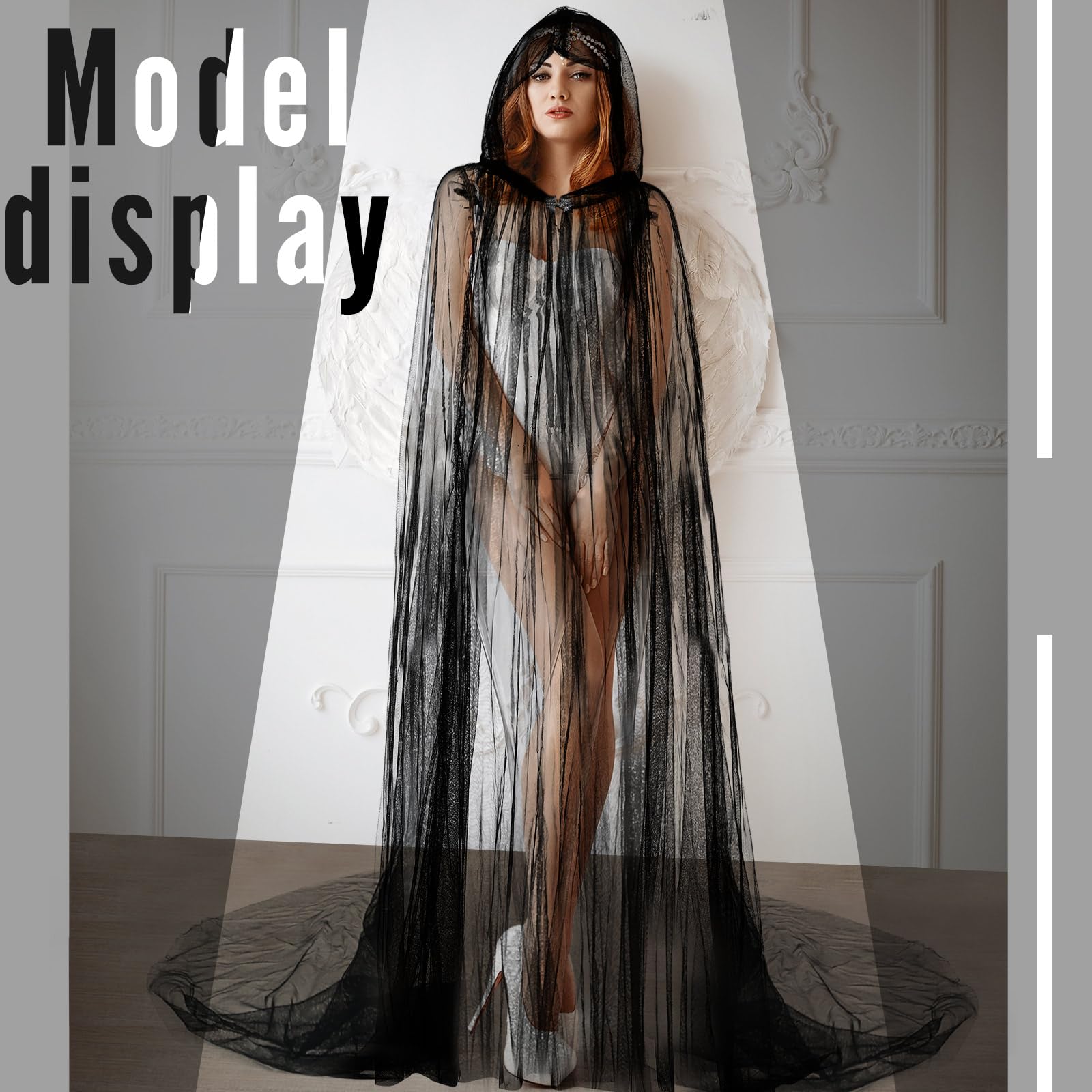 Women’s Long Black Hooded Cloak – Gothic Tulle Cape with Metal Buckle for Halloween, Cosplay & Weddings