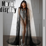Women’s Long Black Hooded Cloak – Gothic Tulle Cape with Metal Buckle for Halloween, Cosplay & Weddings
