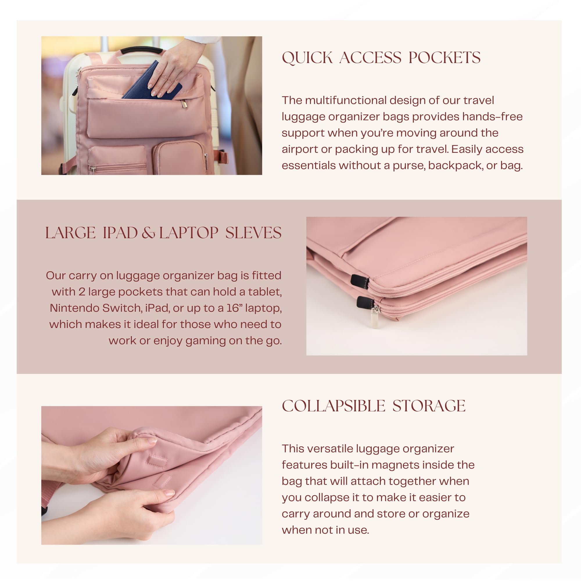 Carry-On Luggage Organizer Harness with Laptop Pocket & Adjustable Straps – Travel Storage Bag Pink