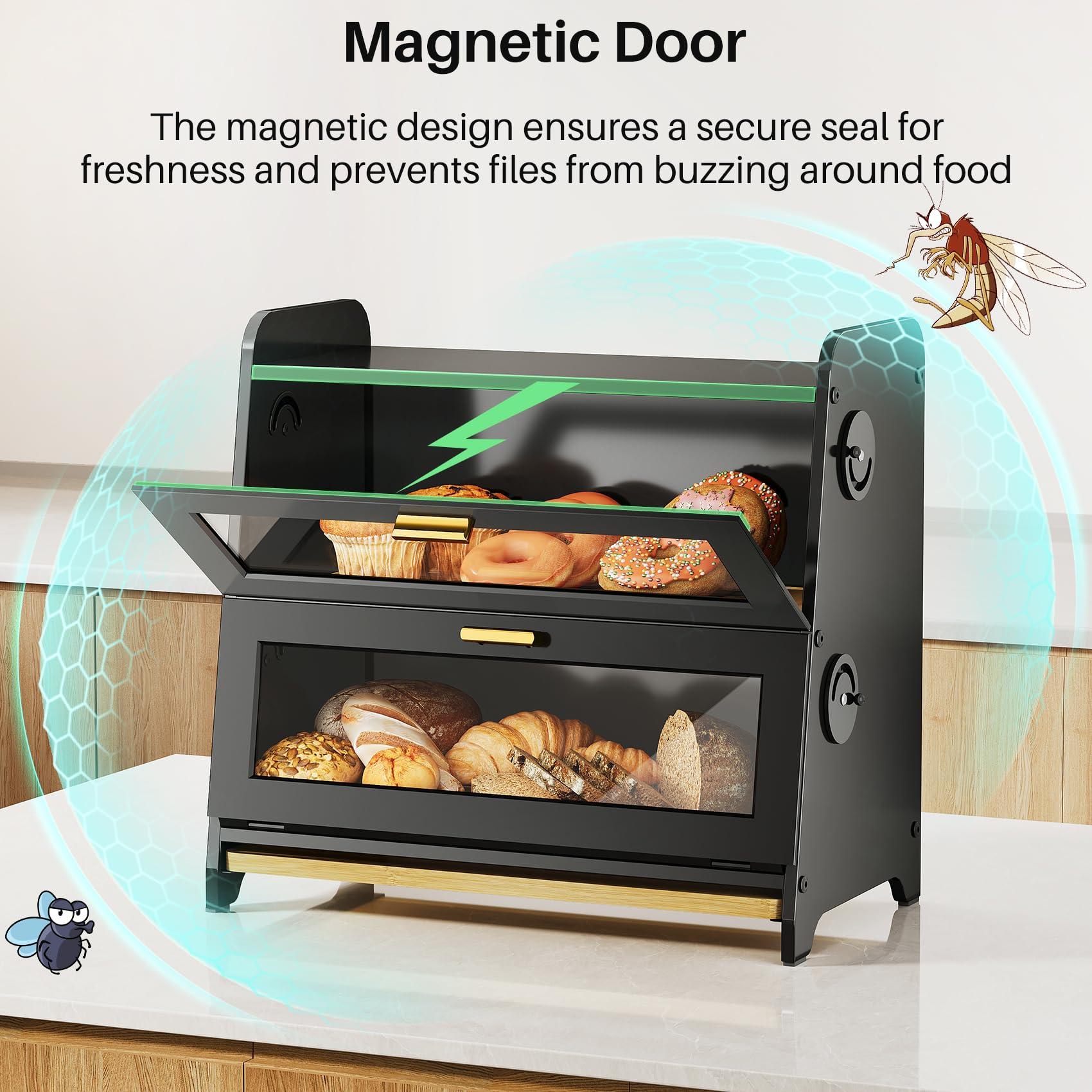 Large 2-Tier Bread Box with Adjustable Ventilation – Magnetic Door Bamboo Tray Bread Storage (Black)
