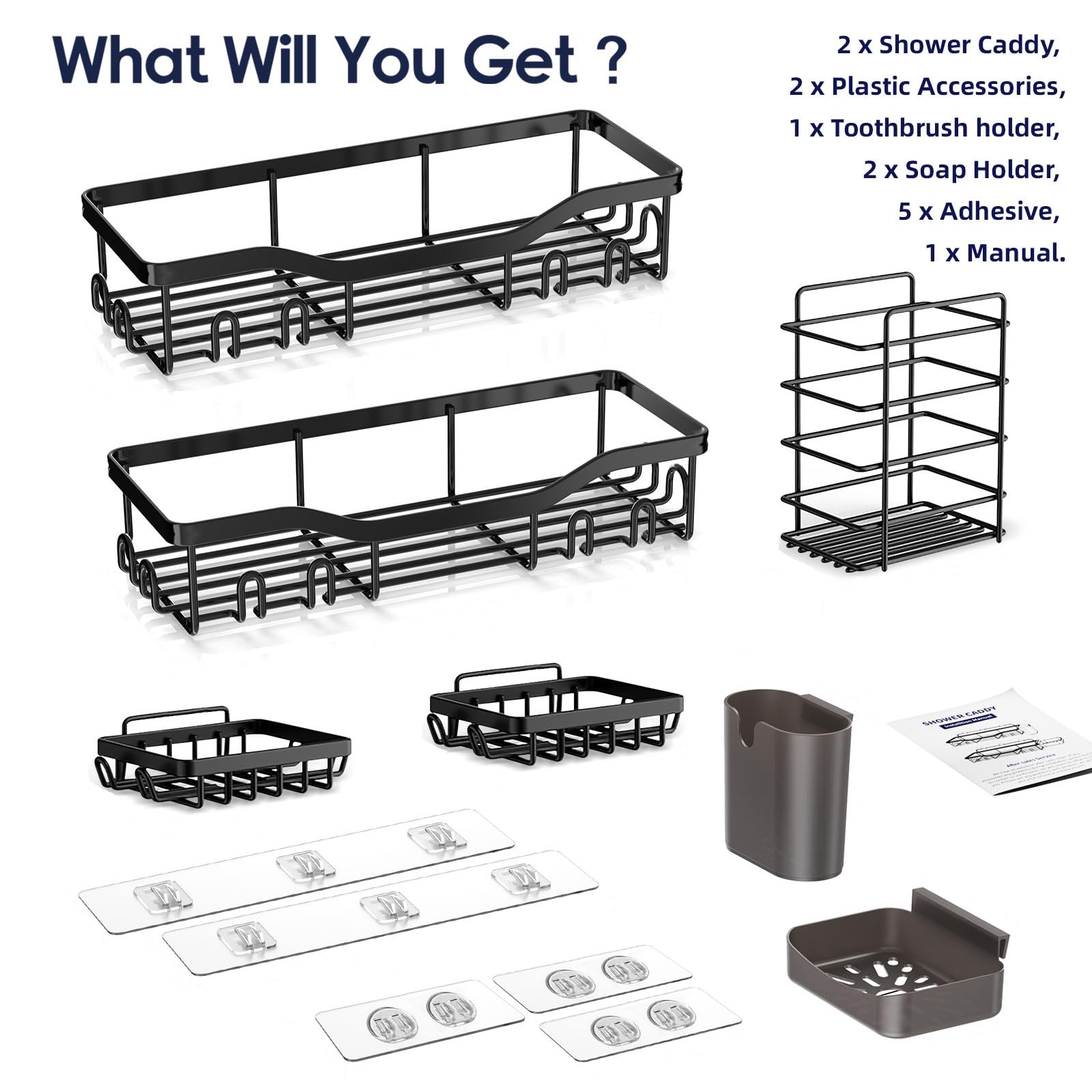 NESOMI Adhesive Shower Caddy Organizer 7-Pack – Rustproof Stainless Steel Bathroom Shelves with Hooks, No-Drill Storage Set