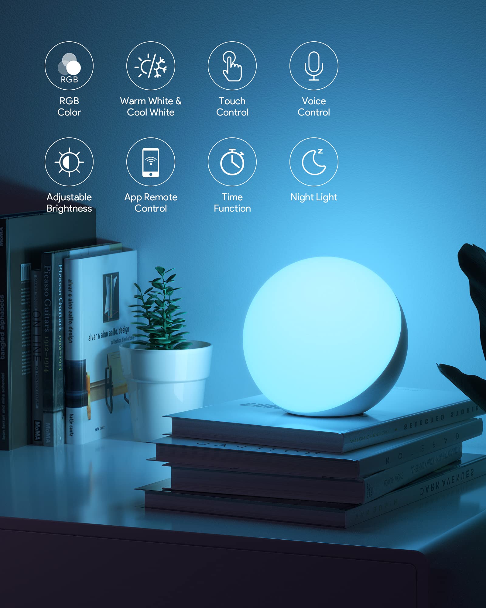 Hifree Smart Bedside Lamp with Alexa & Google Voice Control – RGB Night Light with App & Timer (White)