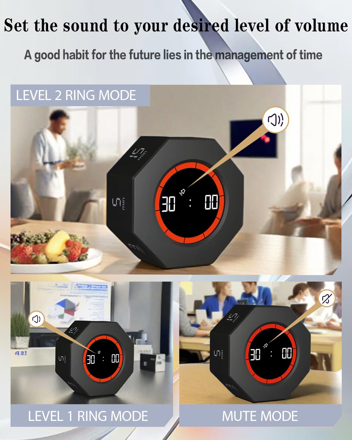 Octagon Pomodoro Timer with Gravity Sensor, Preset 1–90 Min, Pause & Resume, Custom Countdown & Stopwatch, Rechargeable Focus Timer for Work, Study & Kitchen – Black