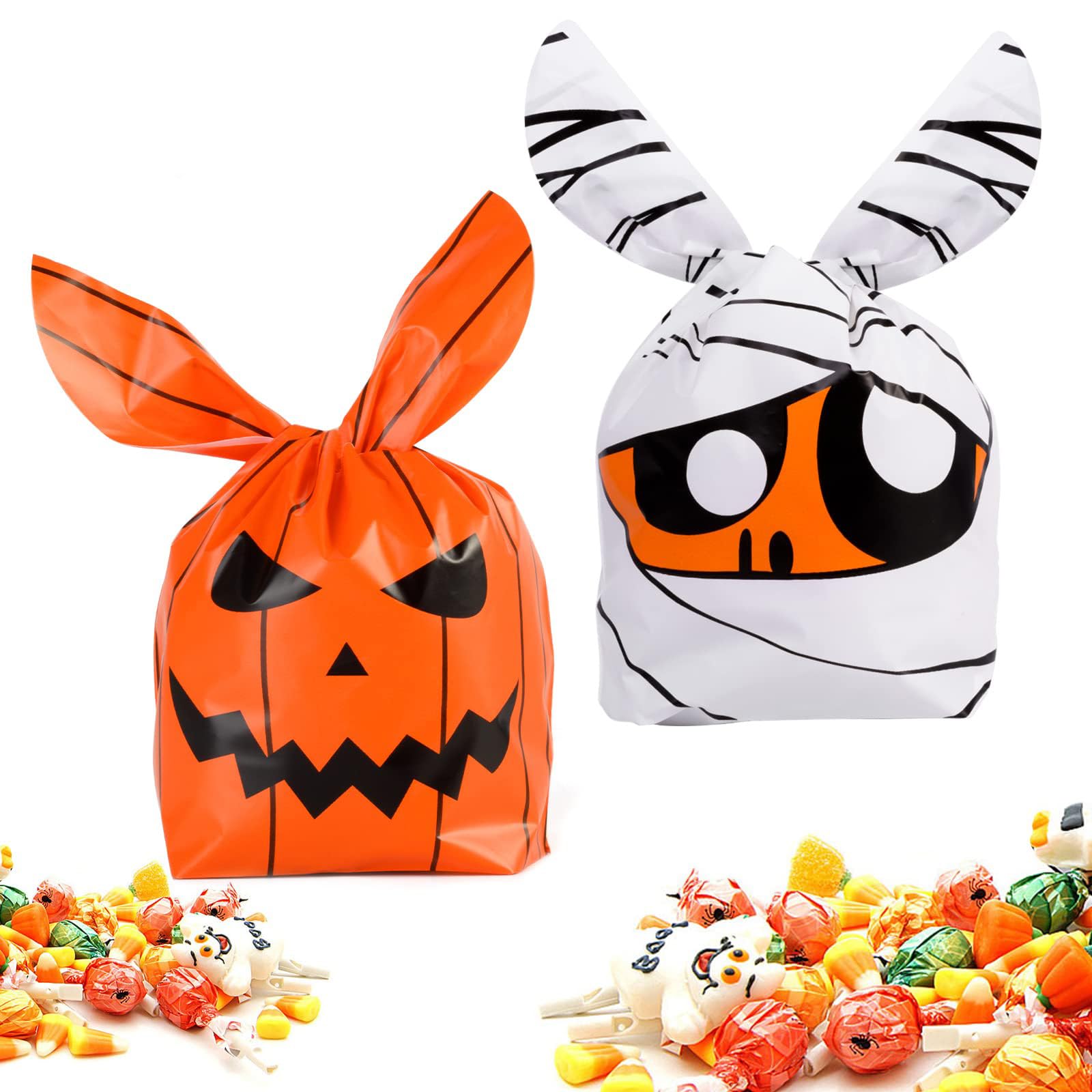 100 PCS Halloween Treat Bags Candy Bags, Kids Trick or Treat Bags Goodie Bags, Cute Rabbit Ear Small Halloween Cookies Plastic Gift Bags for Halloween Party Decoration Supplies