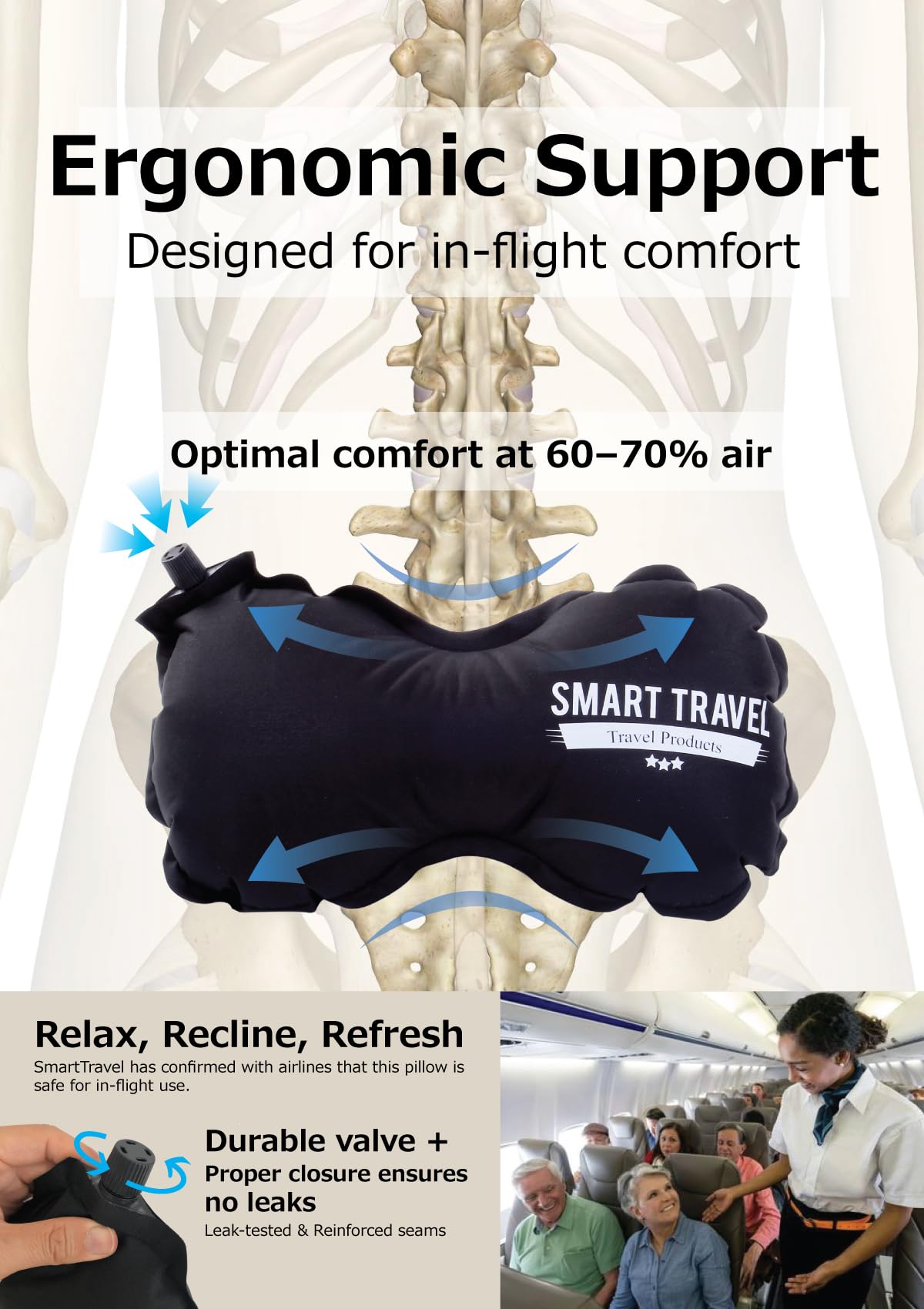 SMARTTRAVEL Inflatable Lumbar Support Pillow – Adjustable Ergonomic Back Cushion for Airplane, Office & Long Sitting (Vintage Black)