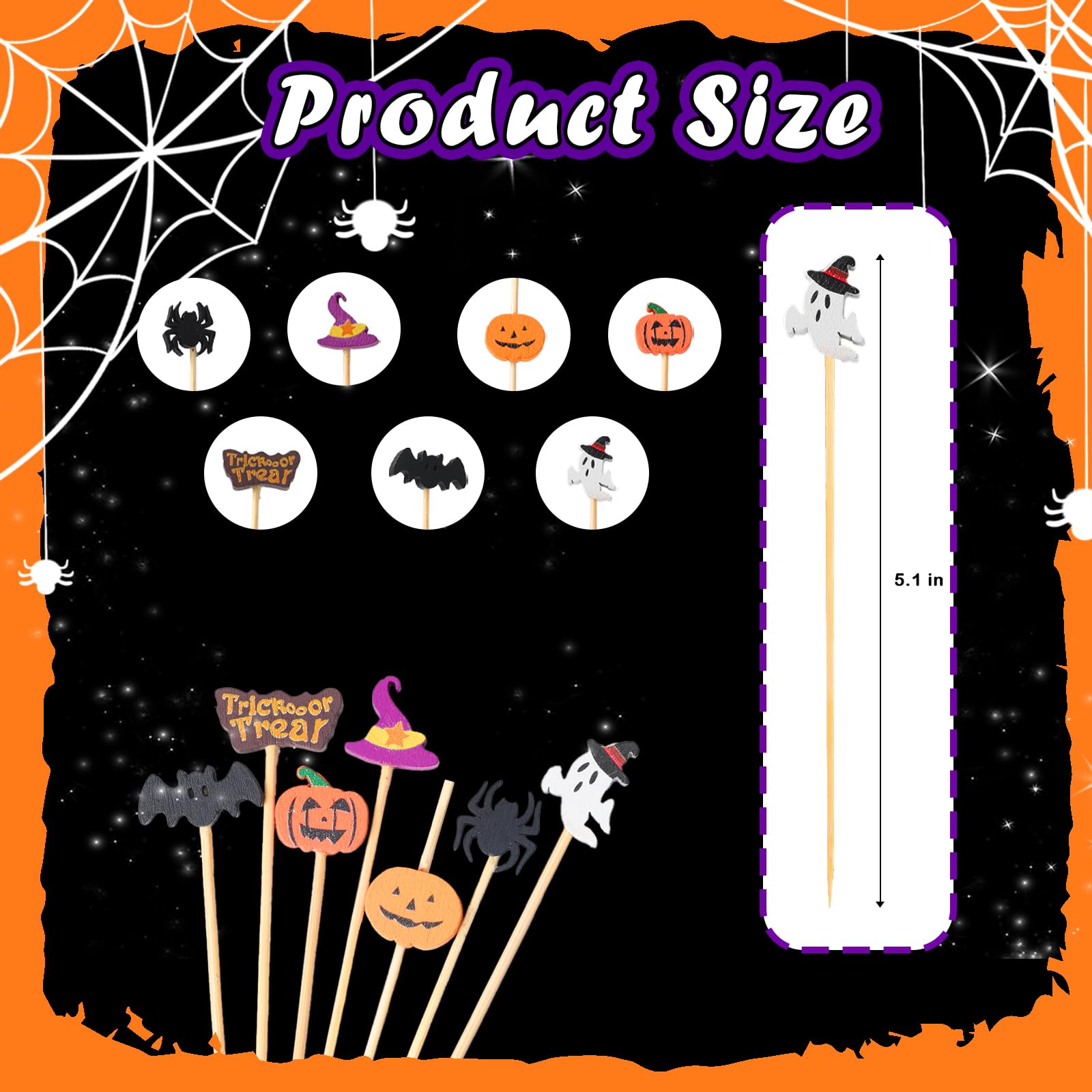 150 Pcs Halloween Cocktail Toothpicks – Bamboo Food Picks with Pumpkin, Ghost & Bat Designs