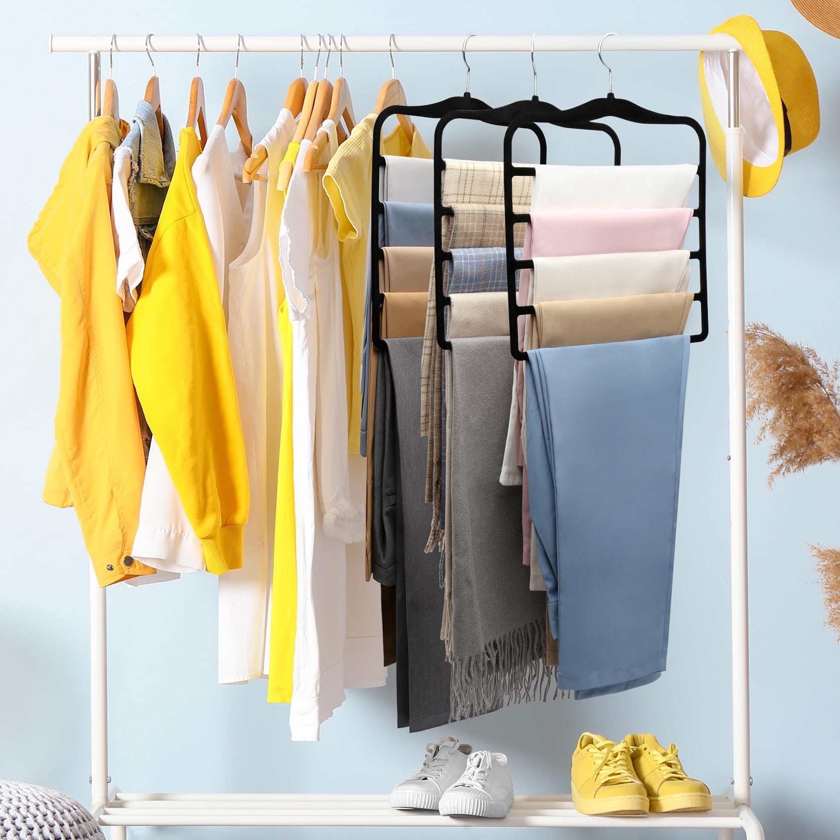 Space-Saving Velvet Pants Hangers (3-Pack) – 5-Tier Non-Slip Closet Organizer for Jeans, Pants, Scarves & Ties (Black)