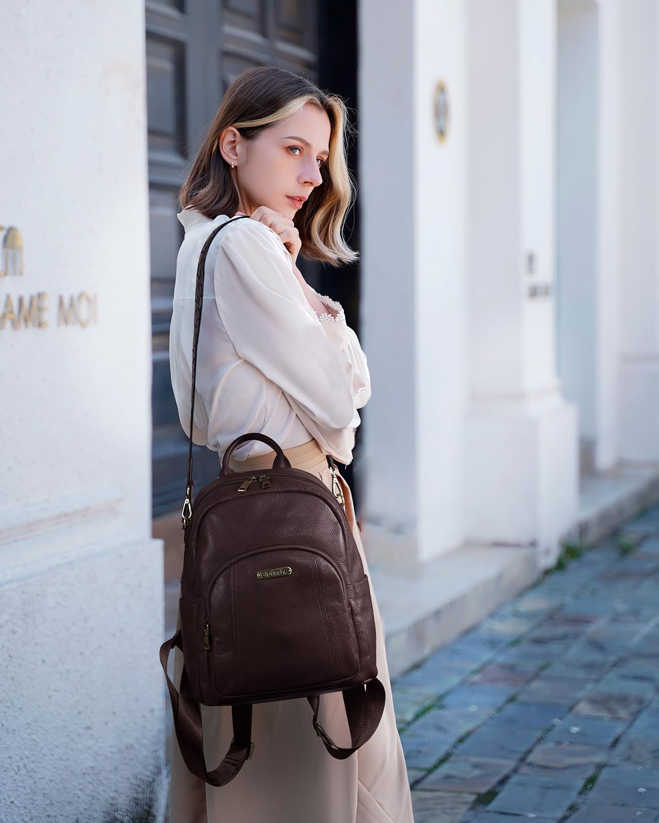 Women’s Genuine Leather Travel Backpack with Anti-Theft Pocket – 12.9-Inch Laptop, Coffee Brown