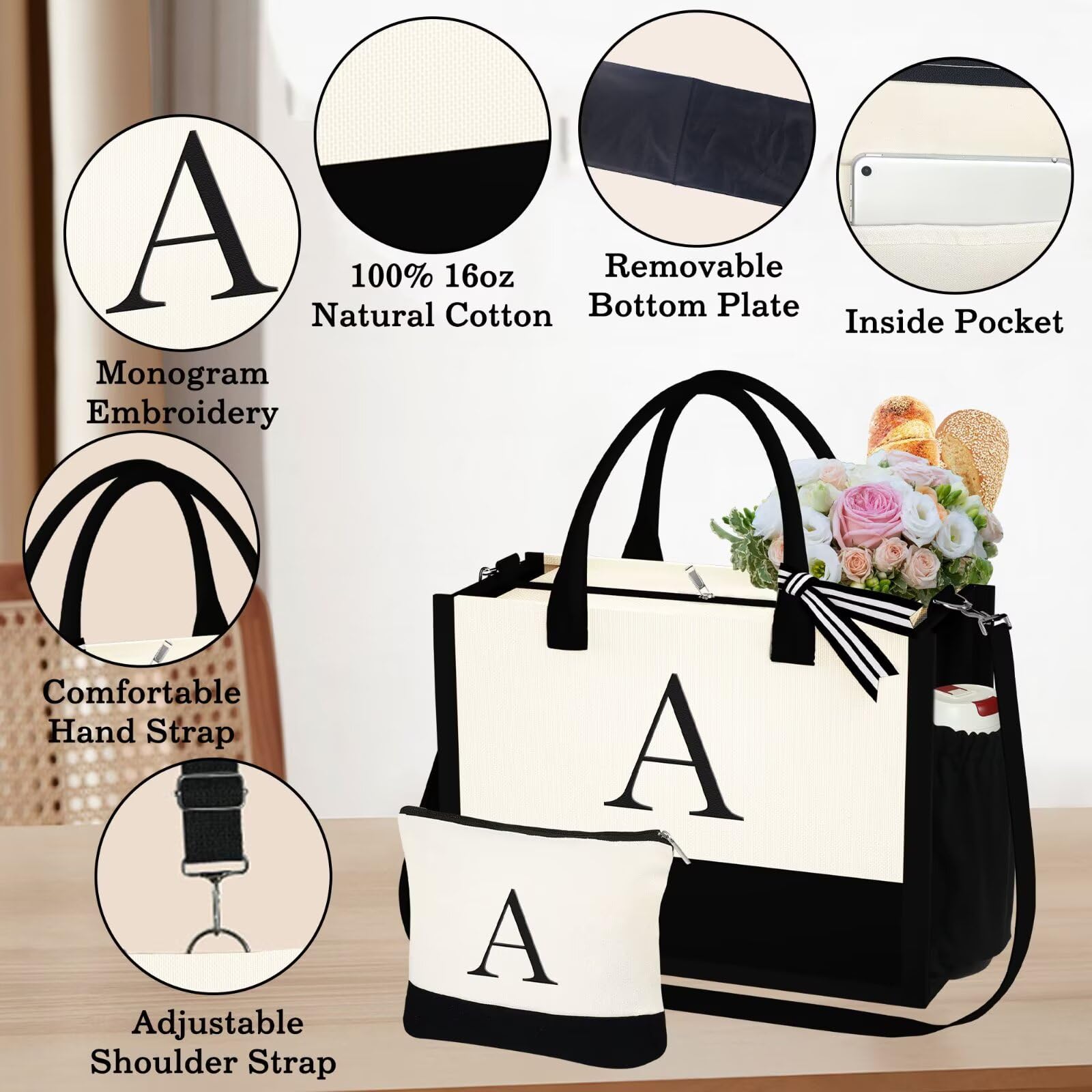 YOOLIFE Personalized Initial Tote Bag for Women – Large Zippered Monogram Tote with Crossbody Strap & Makeup Pouch (White, Letter J)