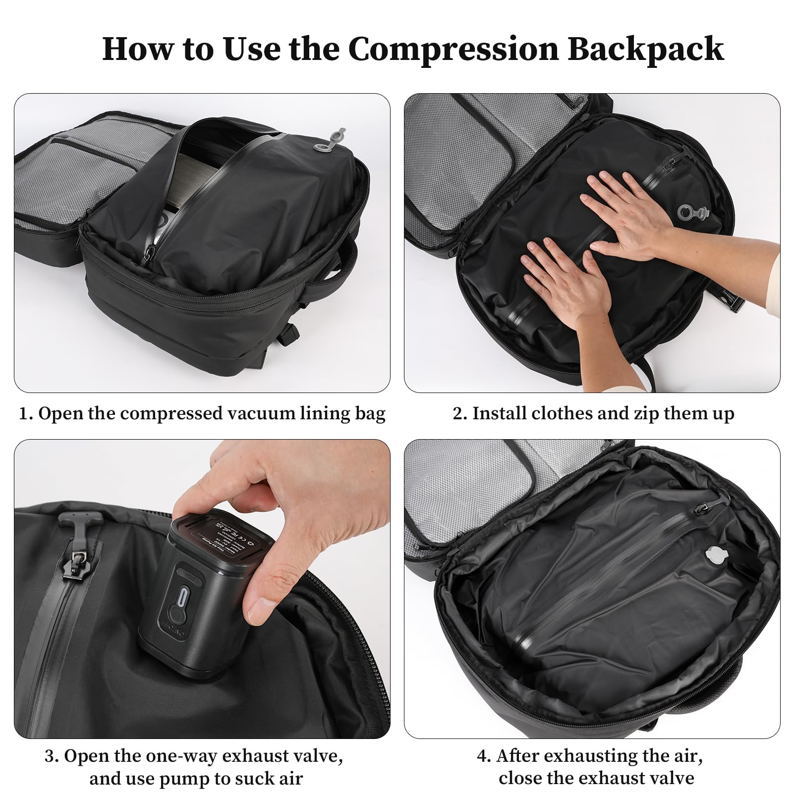 Tlangp 60L Vacuum Compression Travel Backpack – Expandable Carry-On Anti-Theft VacPack, Black